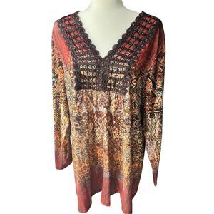OneWorld Top Womens sz XXL 2X‎ Embroidered Boho Hippie Peasant blouse